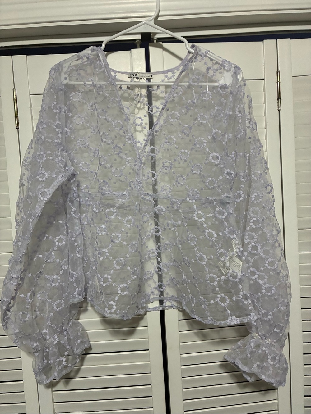 Zara Lavender Sheer Floral Lace V-Neck Blouse